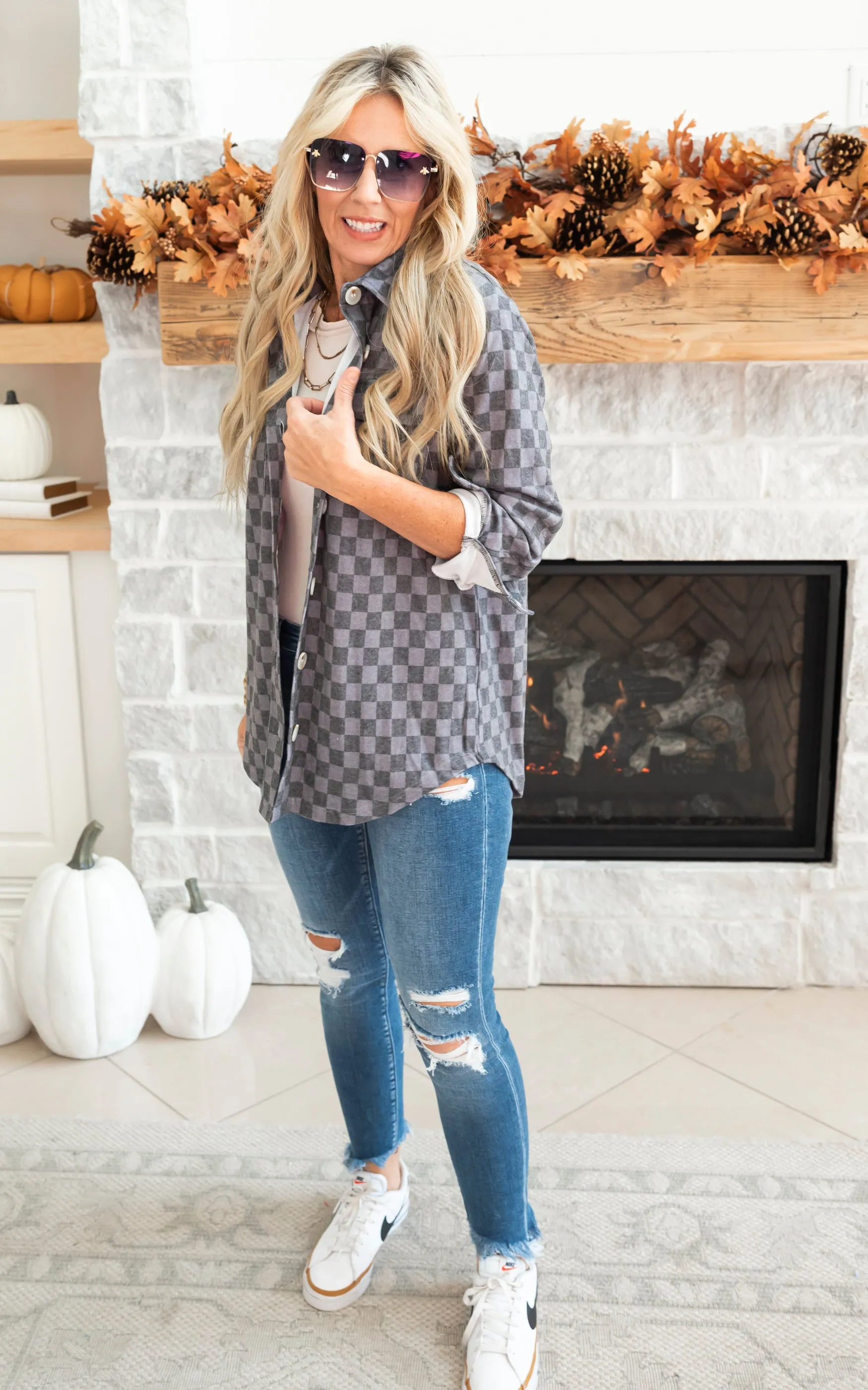 All the Cozy Checkered Charcoal Shacket by Salty Wave