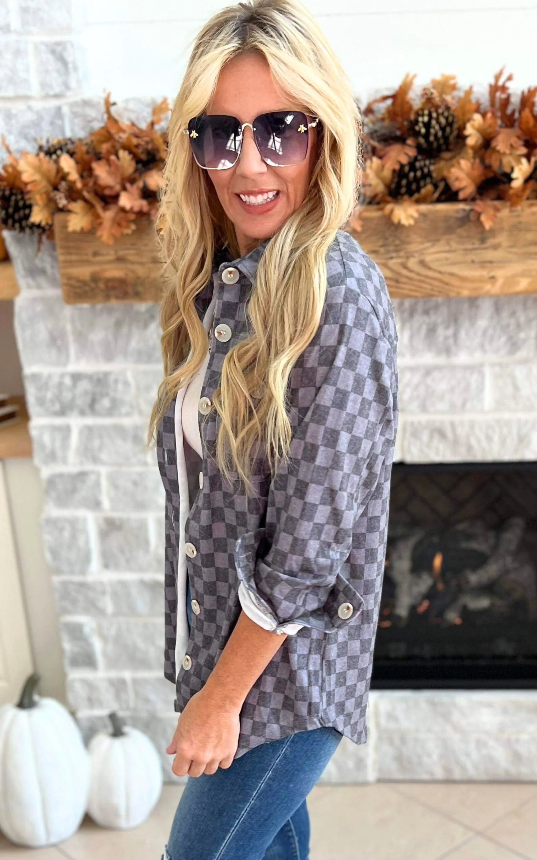 All the Cozy Checkered Charcoal Shacket by Salty Wave