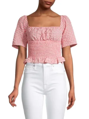 BCBGeneration Coral Plaid Smocked Crop Top