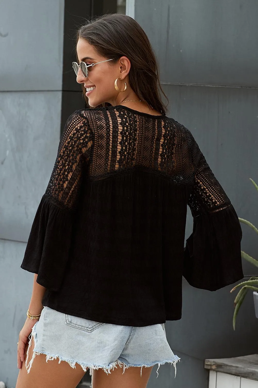 Black The Du Jour Hollow Out Crochet Blouse