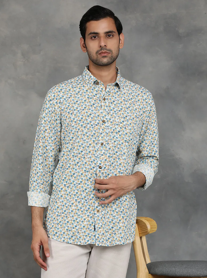 Blue & Yellow Printed Slim Fit Casual Shirt | JadeBlue