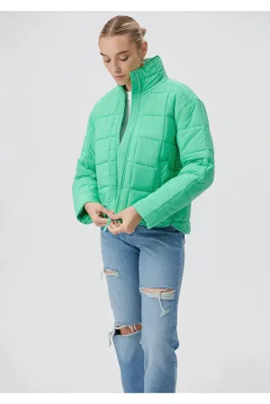 Blue Women's Stand Collar Green Puffer Coats