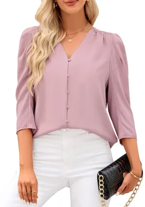 Bridal Rose Women's Casual Office Outfit 3/4 Puff Sleeve Button-Down Shirts