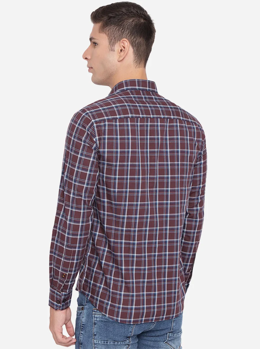 Brown & White Checked Slim Fit Casual Shirt | Greenfibre