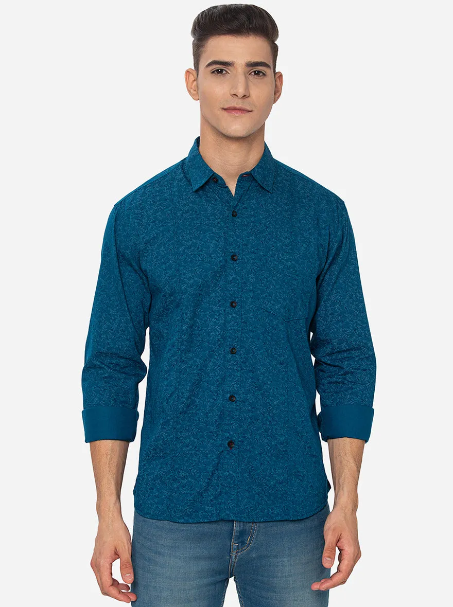 Celestrial Blue Printed Slim Fit Semi Casual Shirt | Greenfibre