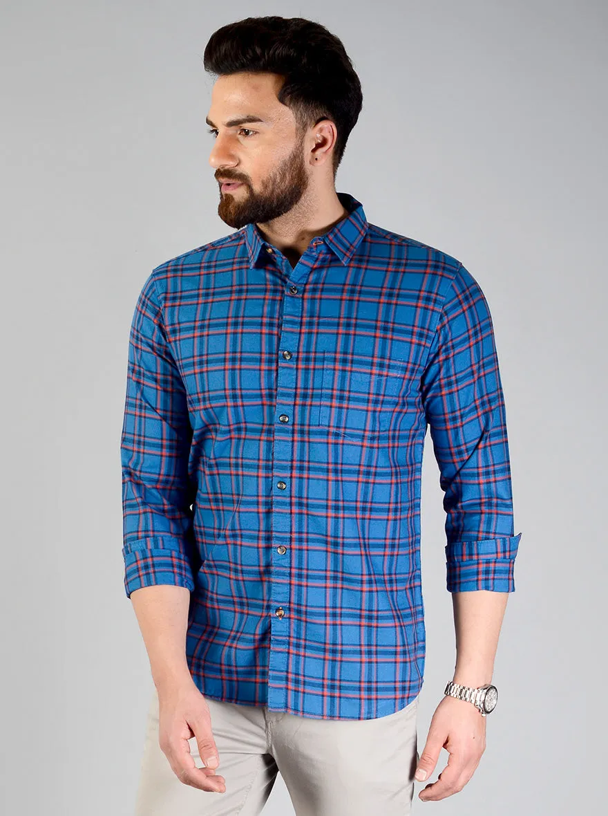 Cobalt Blue Checked Slim Fit Casual Shirt | JadeBlue