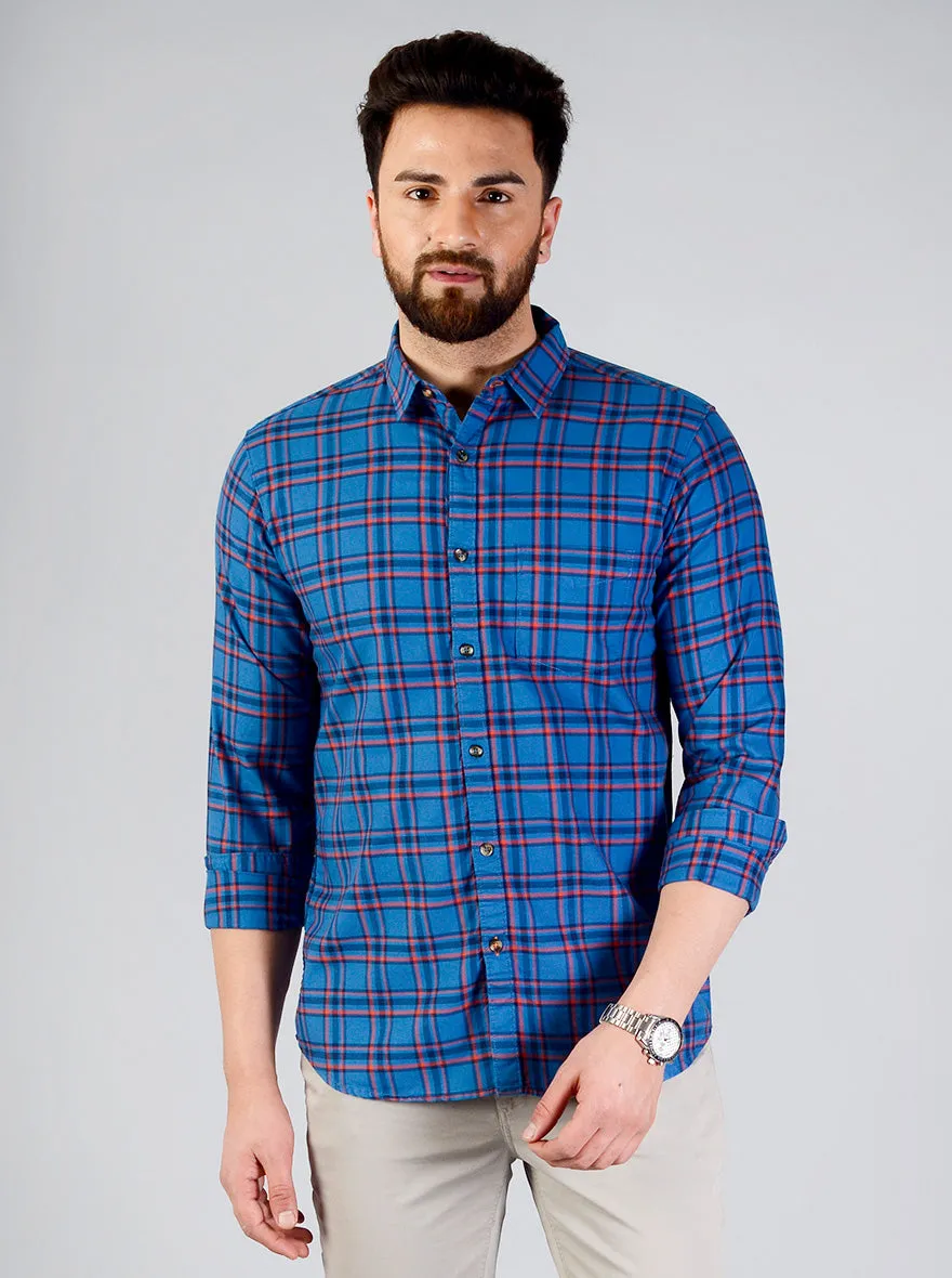 Cobalt Blue Checked Slim Fit Casual Shirt | JadeBlue