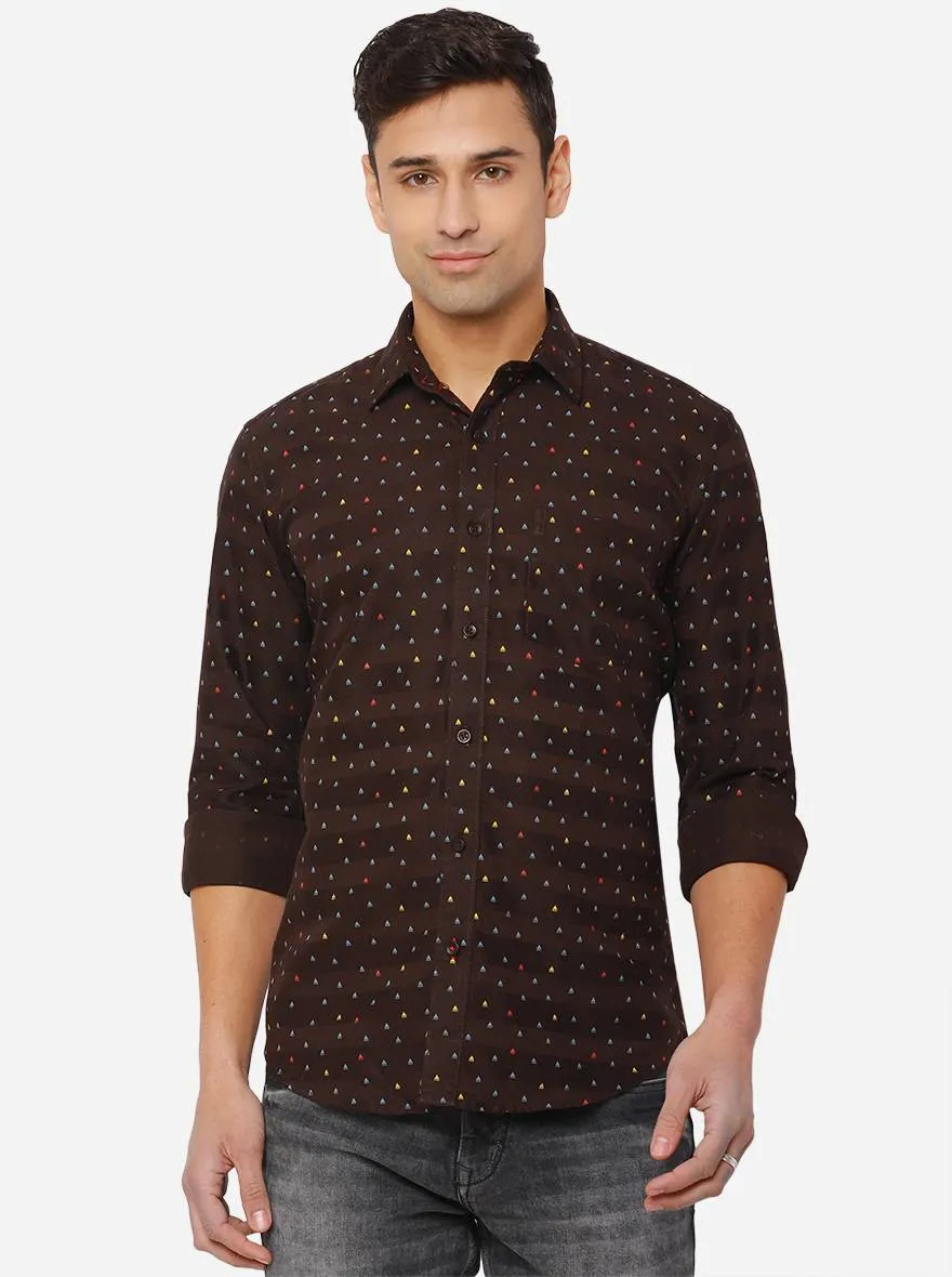 Coffee Brown Printed Slim Fit Casual Shirt | Greenfibre