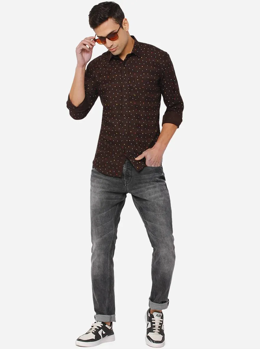 Coffee Brown Printed Slim Fit Casual Shirt | Greenfibre