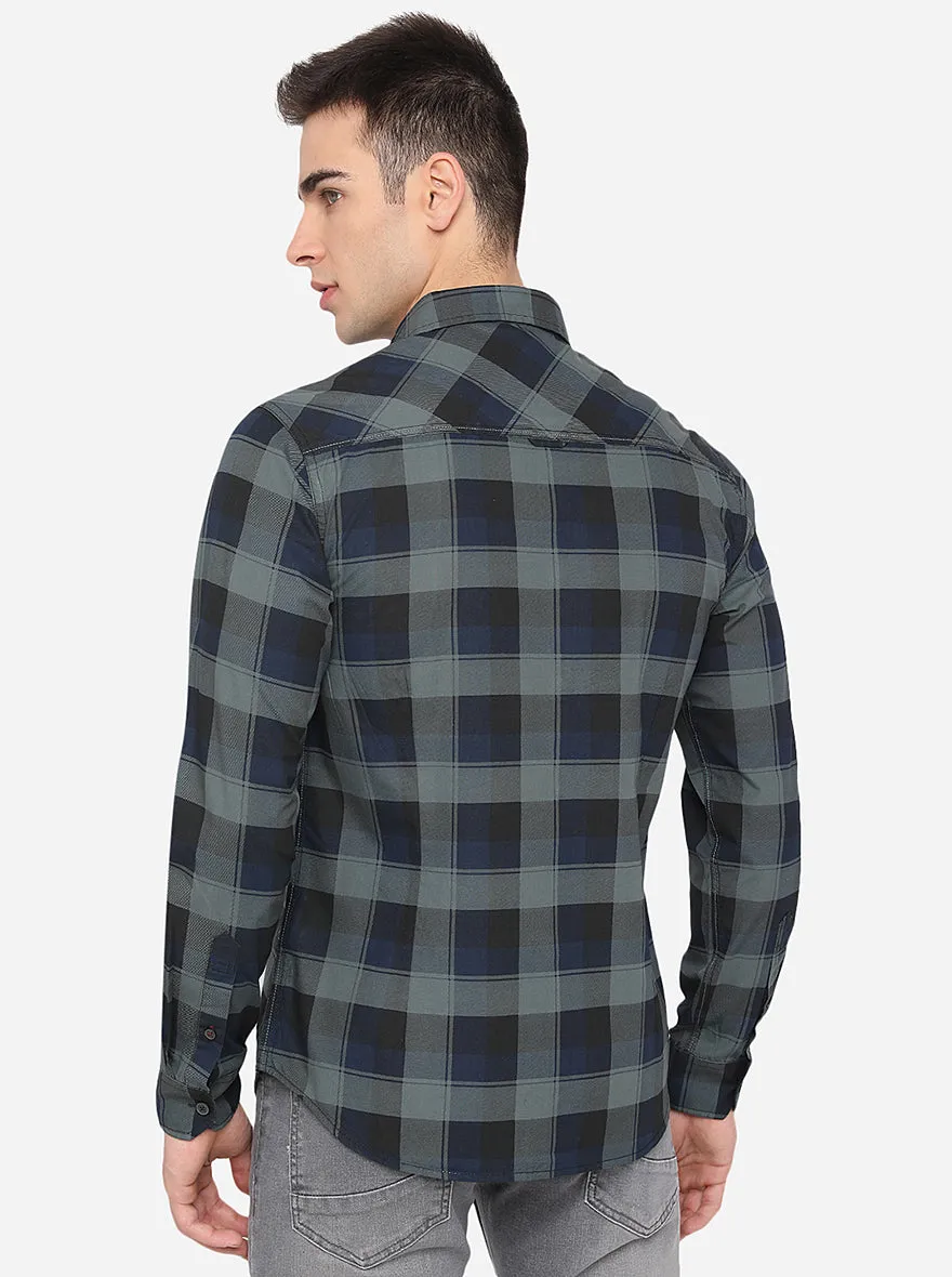 Duck Green & Blue Checked Slim Fit Casual Shirt | Greenfibre