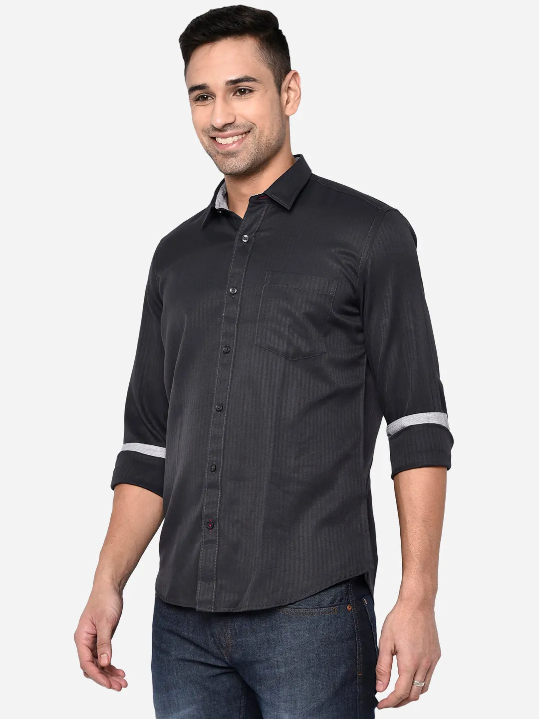 Ebony Grey Solid Smart Fit Casual Shirt | Greenfibre