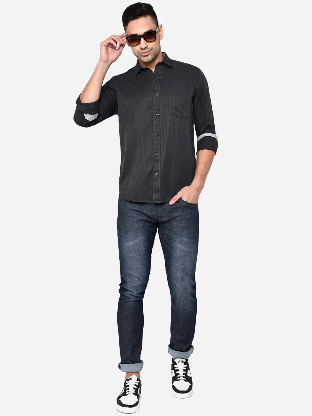 Ebony Grey Solid Smart Fit Casual Shirt | Greenfibre