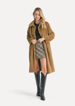 Eden Faux Fur Buttoned Long Coat - Teddy Bear