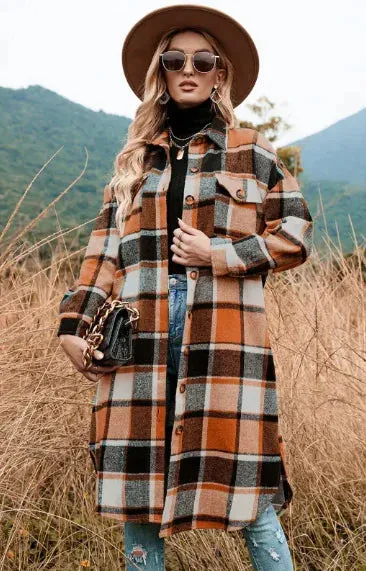 Elegant Plaid Slim Fit Jacket - Mid-Length, Long Sleeve for Women