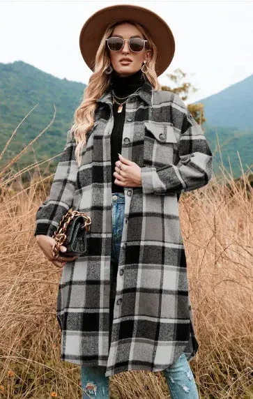 Elegant Plaid Slim Fit Jacket - Mid-Length, Long Sleeve for Women