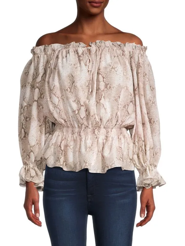 Elie Tahari Snakeskin Off-Shoulder Top, beige