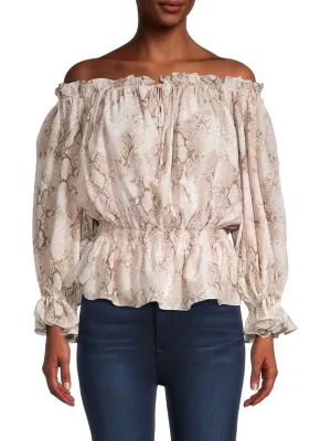 Elie Tahari Snakeskin Off-Shoulder Top, beige