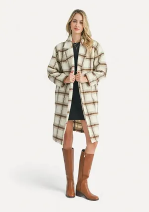 Emily Long Open Front Coat - Brown Ivory Plaid