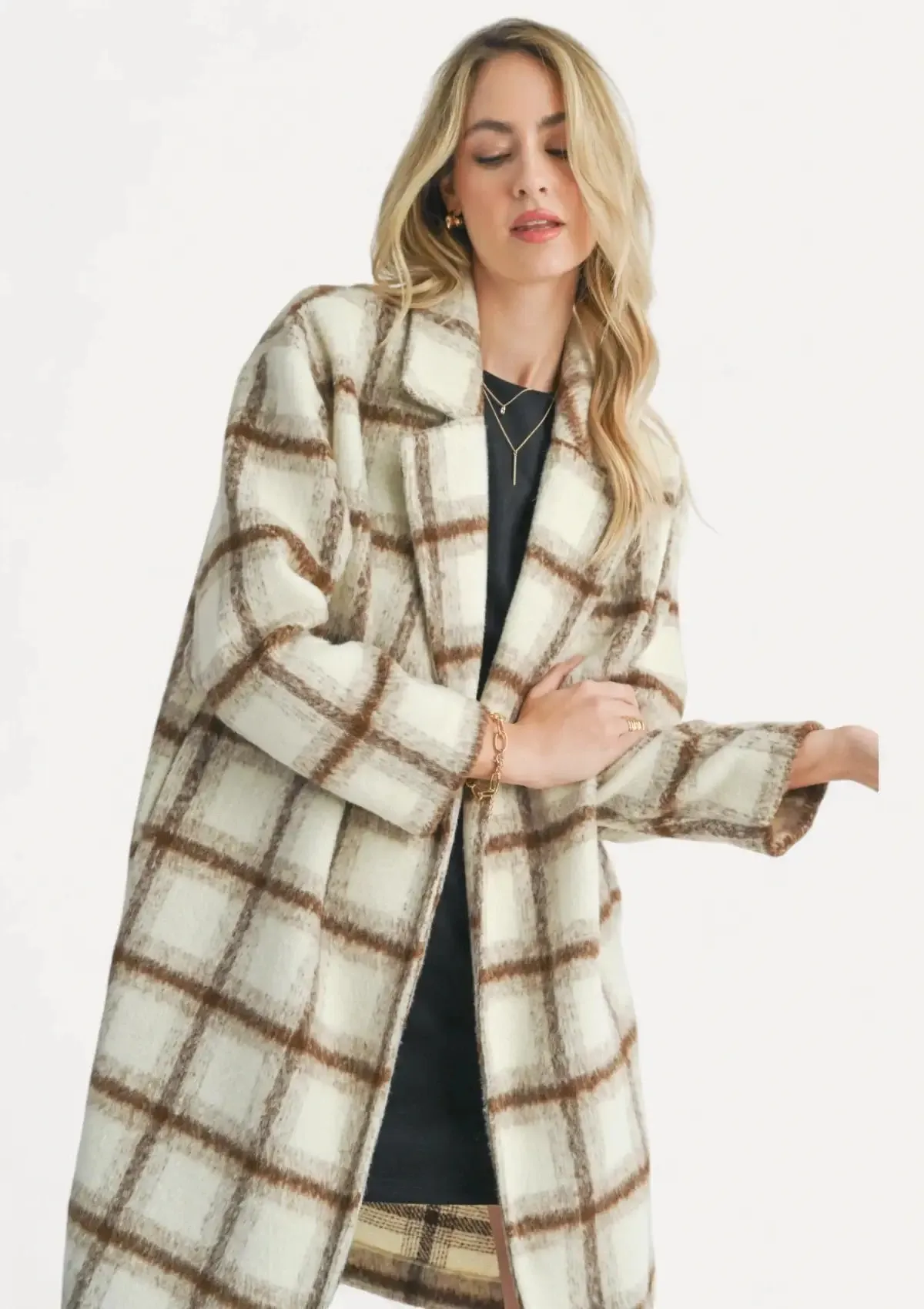 Emily Long Open Front Coat - Brown Ivory Plaid