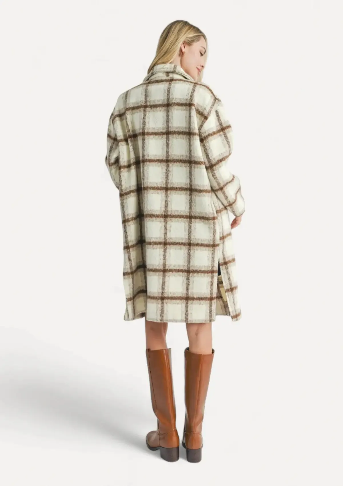 Emily Long Open Front Coat - Brown Ivory Plaid