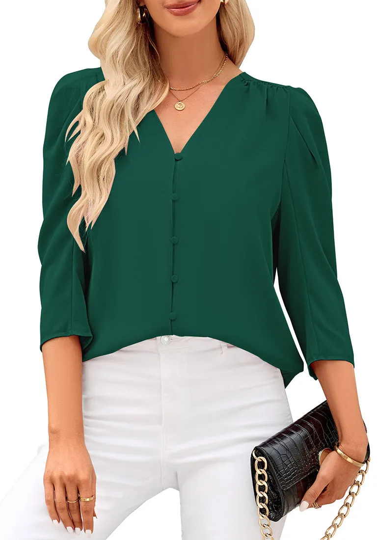 Evergreen Women's Casual Office Outfit 3/4 Puff Sleeve Button-Down Shirts