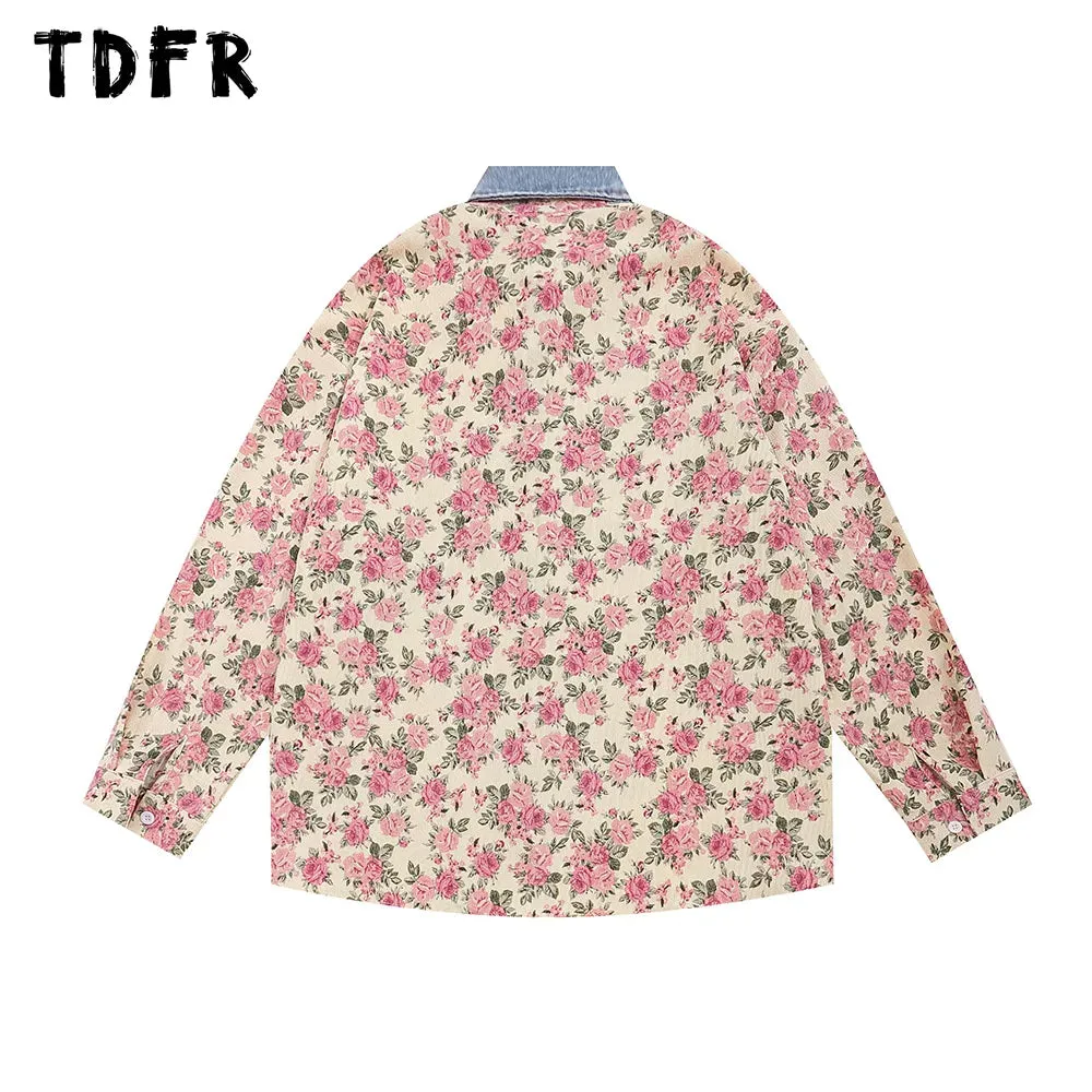 Flower Full Print Long Sleeve Casual Shirts with Spliced Lapel