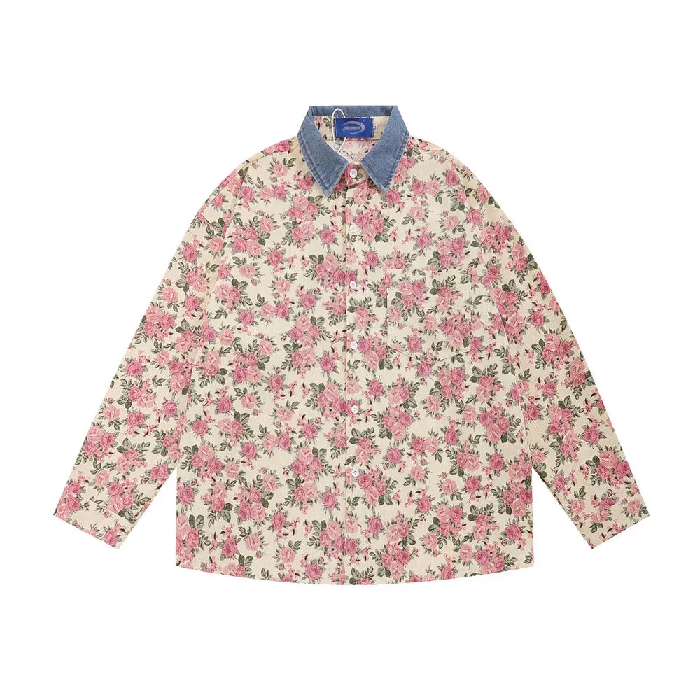 Flower Full Print Long Sleeve Casual Shirts with Spliced Lapel