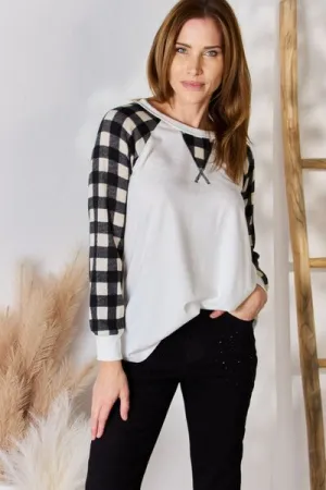 Full Size Plaid Raglan Sleeve Round Neck Blouse