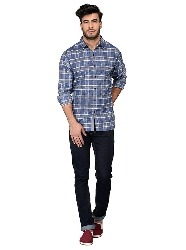 Greenfibre Blue Checked Slim Fit Casual Shirt