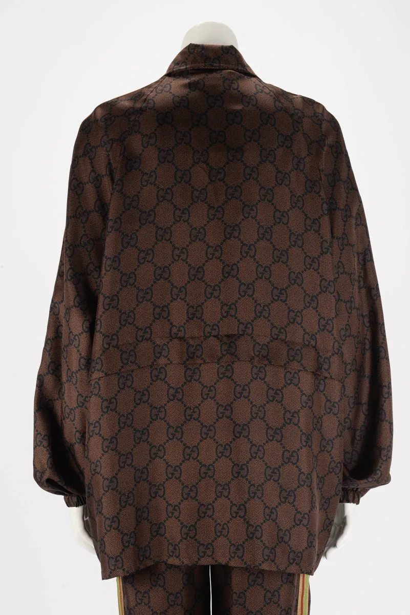 Gucci Brown Silk GG Supreme Zip Jacket L