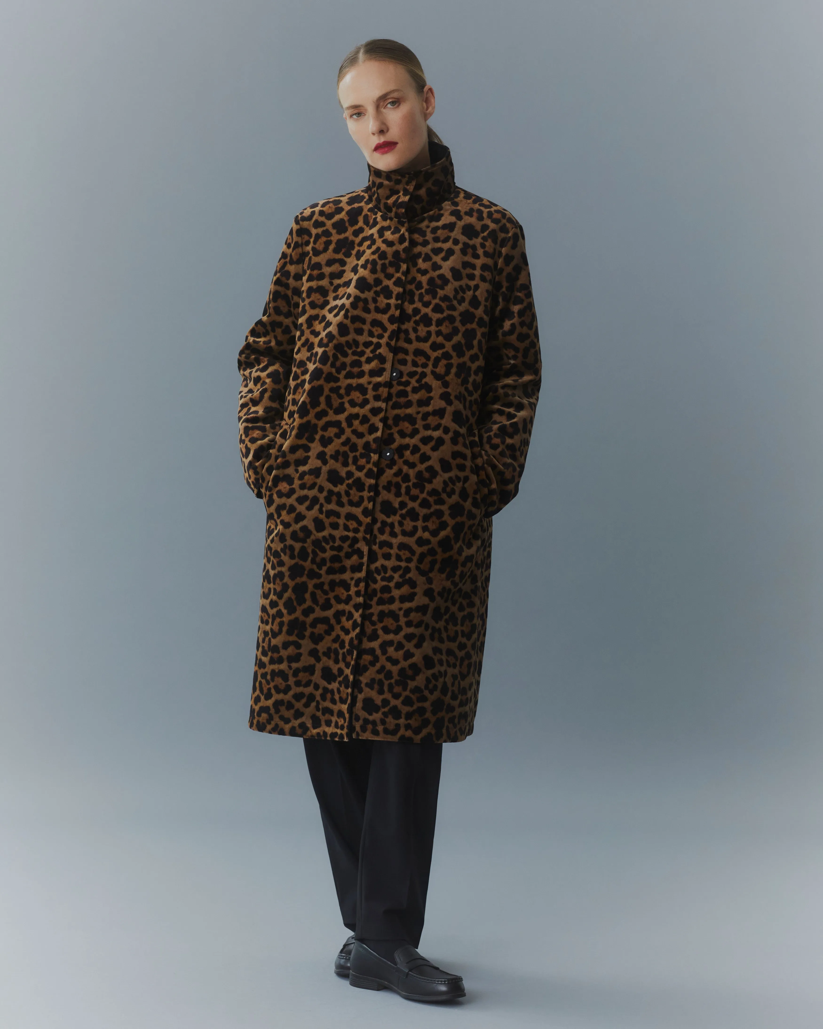 High Collar Reversible Coat - Black & Leopard