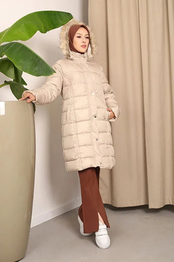 Imajbutik Womem's Beige Hooded Puffer Coat