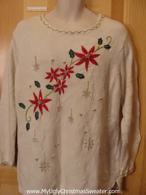 Ivory Pullover Funny Ugly Sweater with 2sided Poinsettias