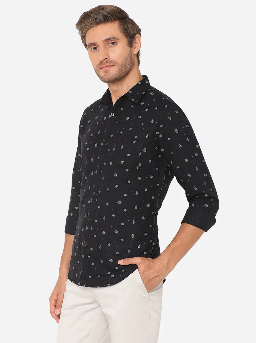 Jet Black Printed Slim Fit Semi Casual Shirt | JadeBlue