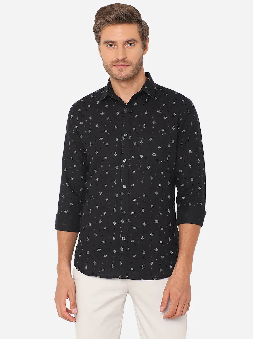 Jet Black Printed Slim Fit Semi Casual Shirt | JadeBlue