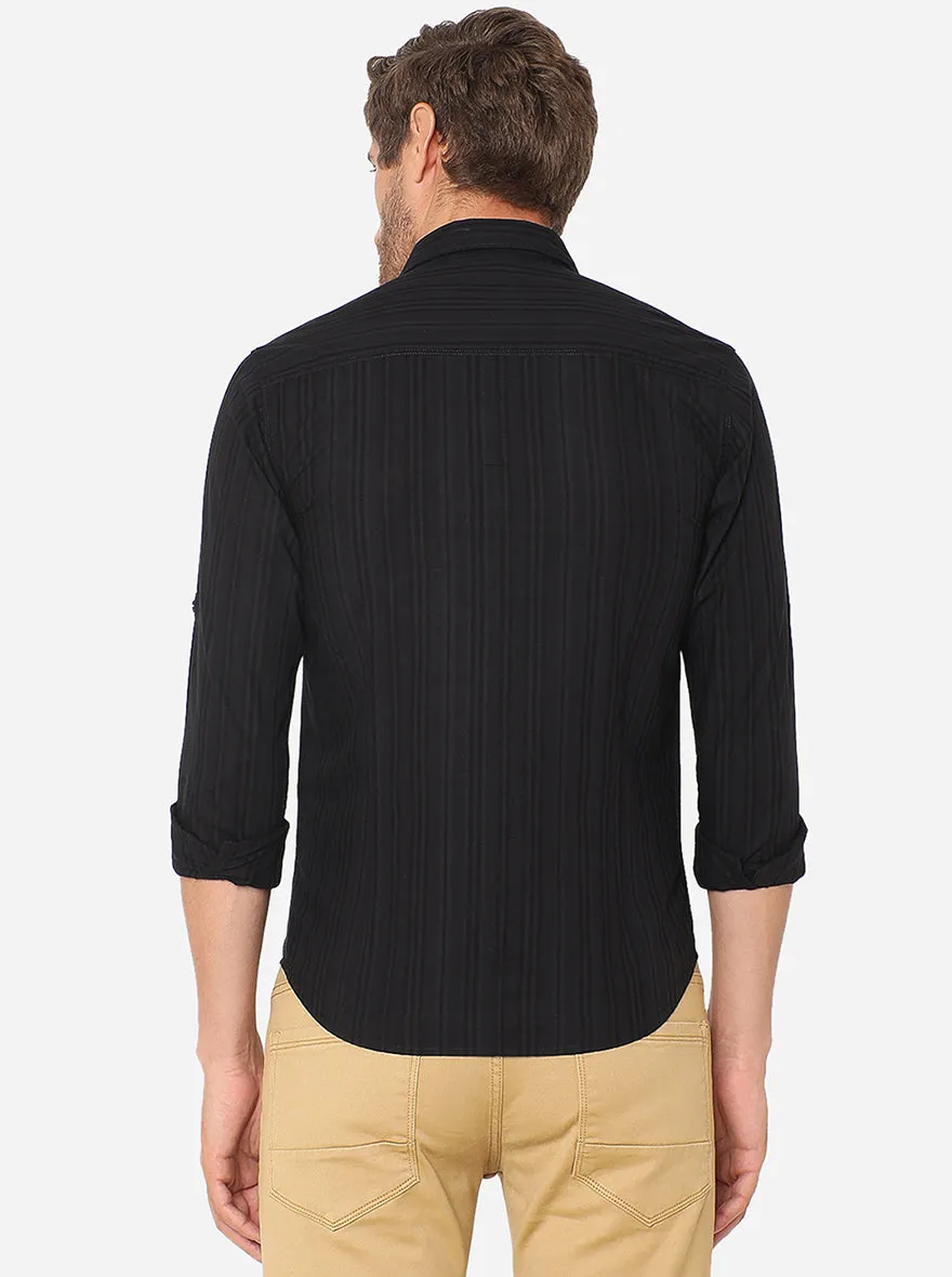 Jet Black Striped Slim Fit Semi Casual Shirt | Greenfibre