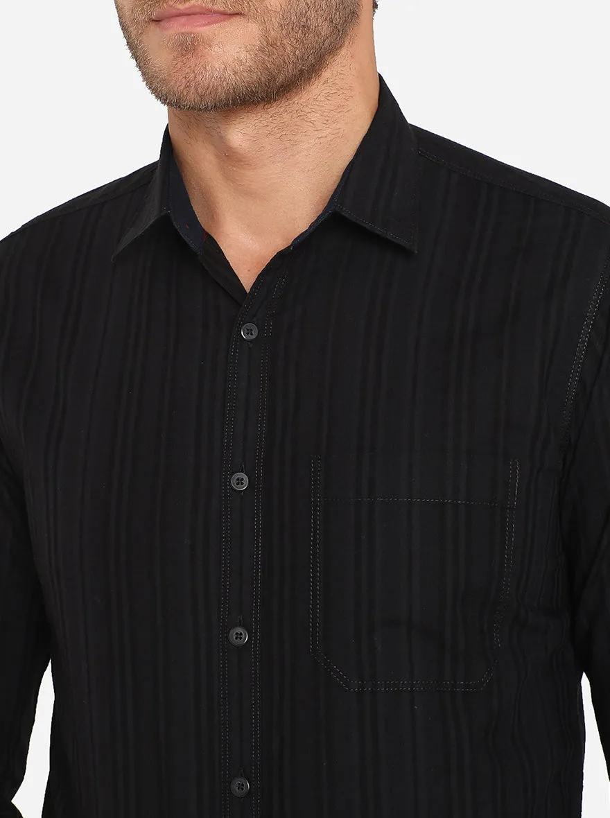 Jet Black Striped Slim Fit Semi Casual Shirt | Greenfibre