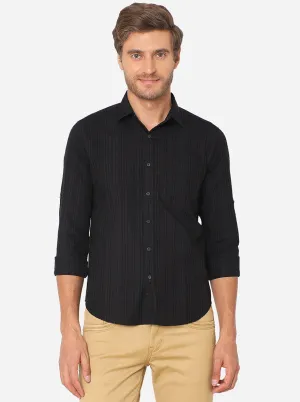 Jet Black Striped Slim Fit Semi Casual Shirt | Greenfibre