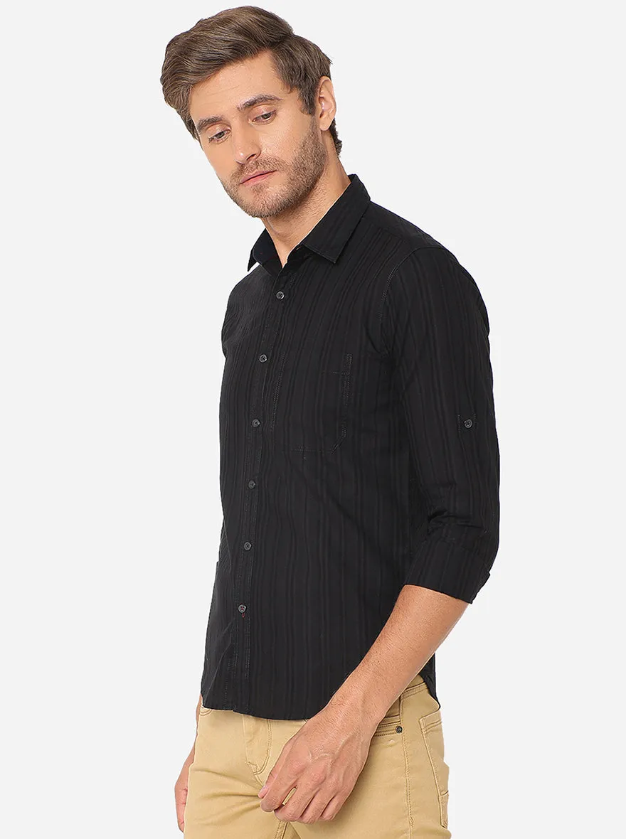 Jet Black Striped Slim Fit Semi Casual Shirt | Greenfibre