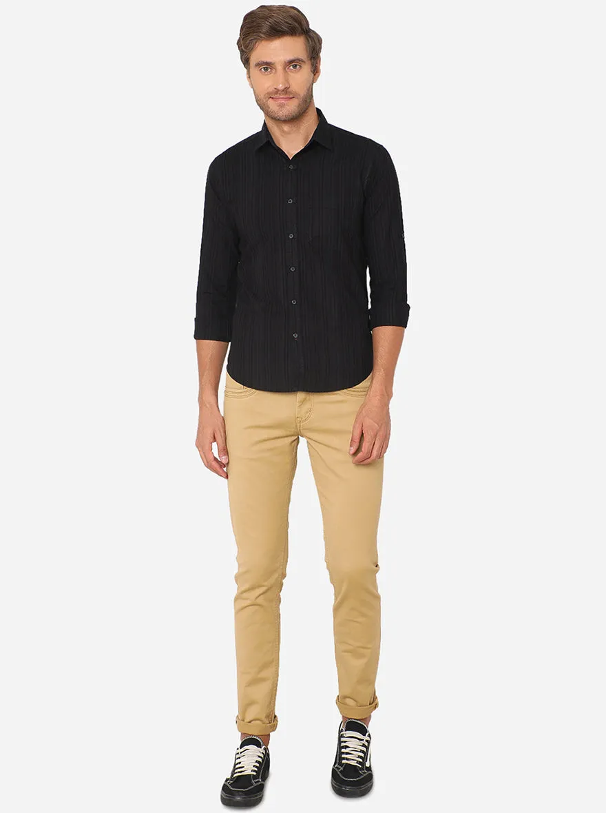 Jet Black Striped Slim Fit Semi Casual Shirt | Greenfibre