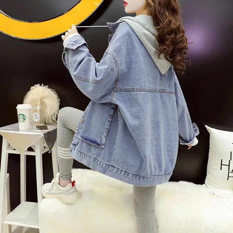 KittenAlarm - Streetwear Black Denim Jackets Women Korean Fashion Patchwork Hooded Spring Jacket Casual Chaquetas Veste En Jeans Pour Femme