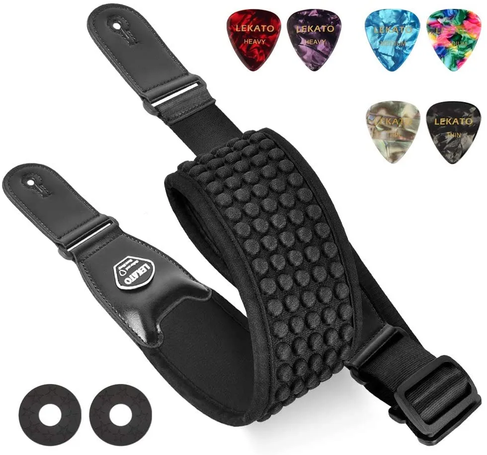 LEKATO LGS-1 3.5 Inches 5 Rows 3D Sponge Filling Guitar Strap Set w/ 6 Picks