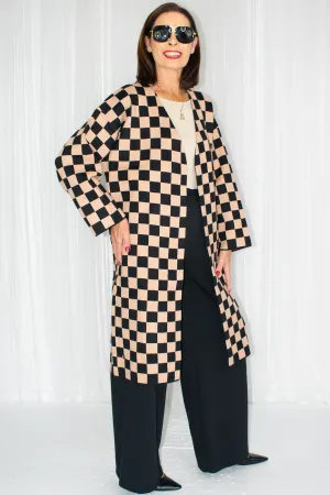 Luxury Catherine Checkered Knitted Jacket in Camel/Black