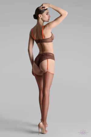 Maison Close Sheer Cut and Curled Chocolate/Neon Orange Stockings