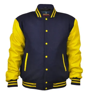 Mens Jacket Wool Leather Navy Blue/Yellow