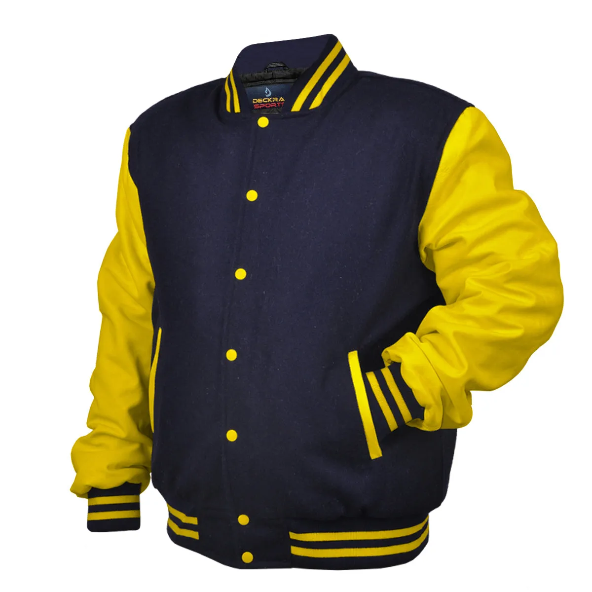 Mens Jacket Wool Leather Navy Blue/Yellow