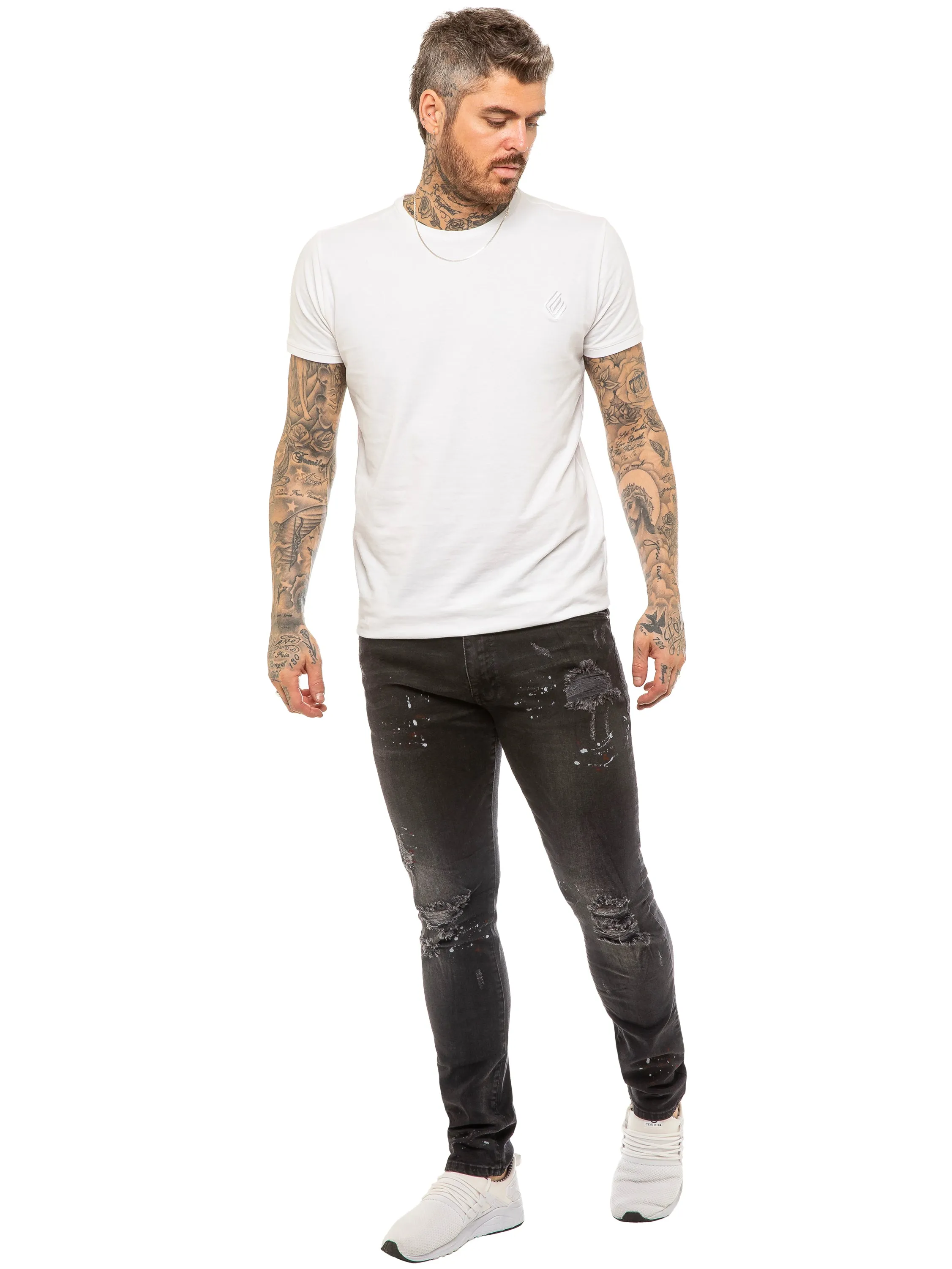 Mens Skinny Ripped Splash Jeans Stretch Denim | Enzo Designer Menswear