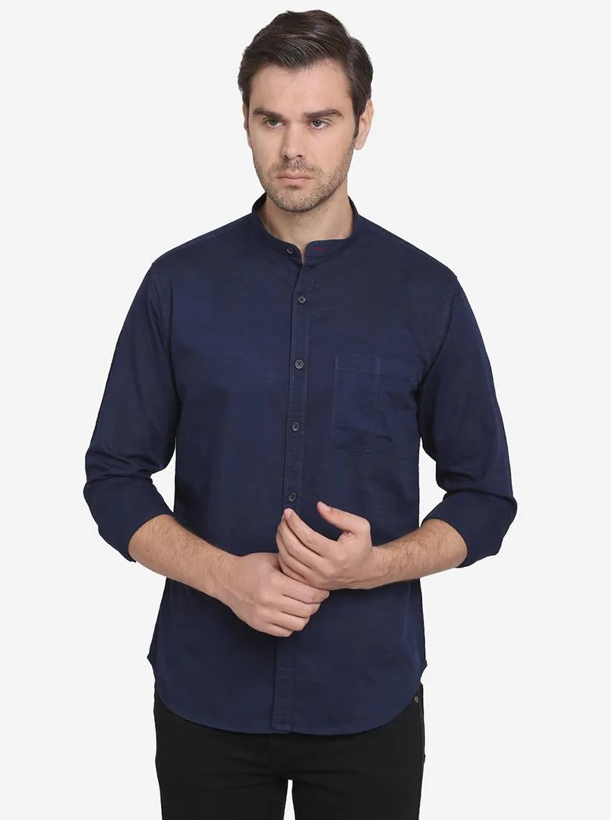 Navy Blue Solid Slim Fit Casual Shirt  | Greenfibre