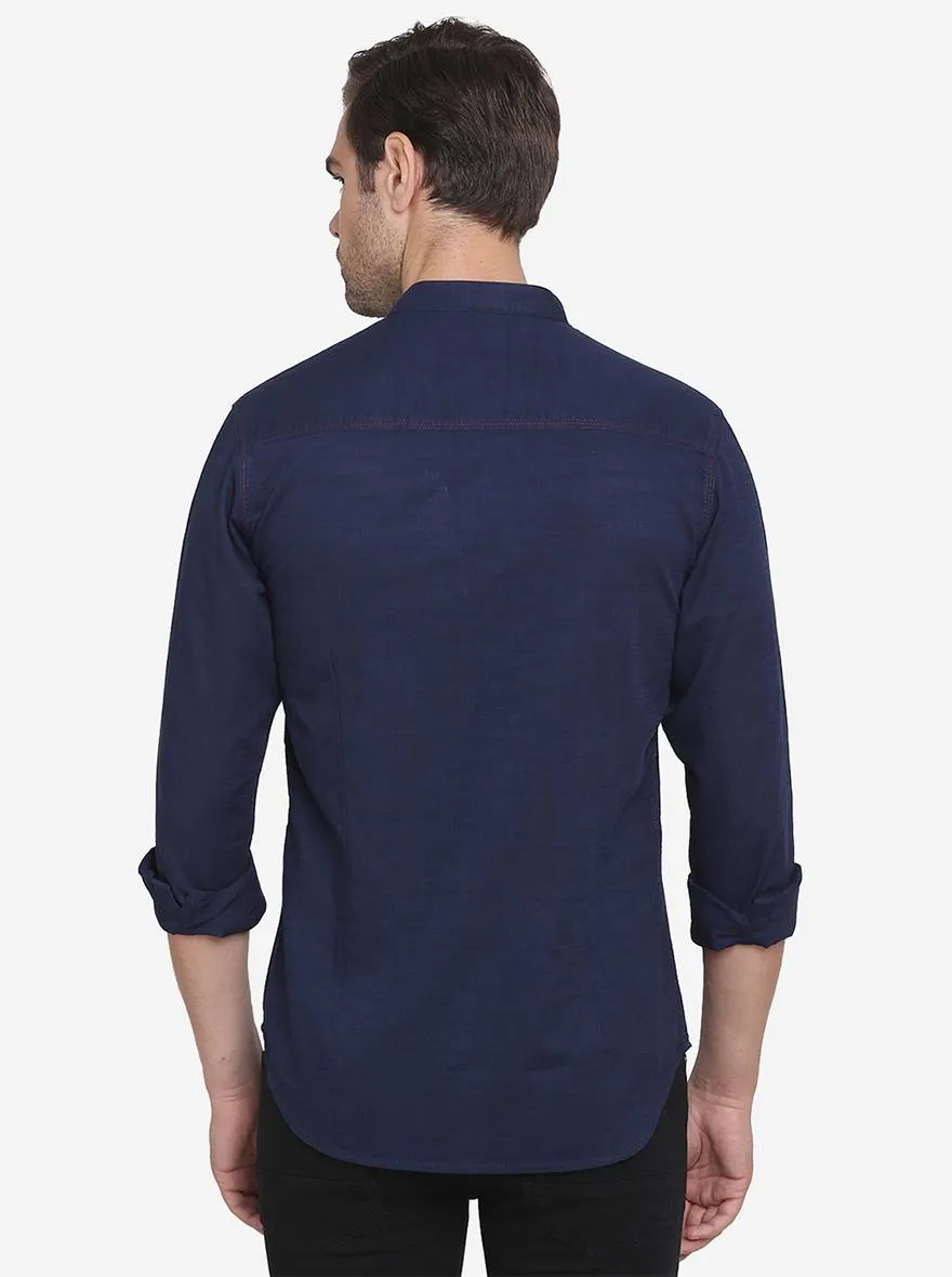 Navy Blue Solid Slim Fit Casual Shirt  | Greenfibre