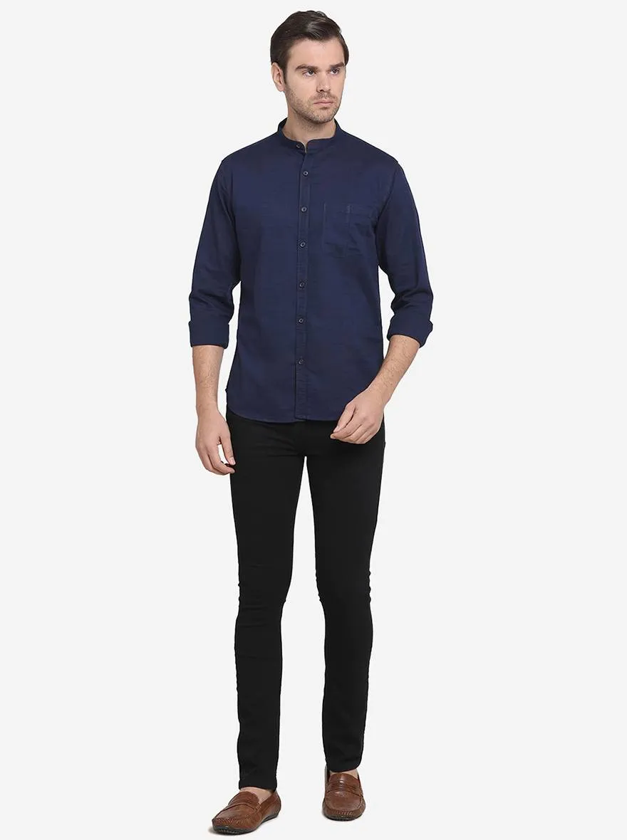 Navy Blue Solid Slim Fit Casual Shirt  | Greenfibre